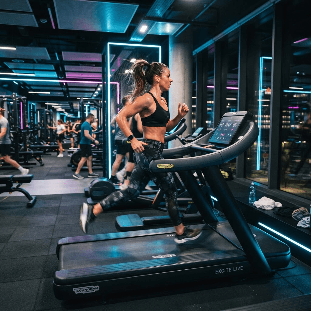 Persona corriendo en una cinta en un gimnasio moderno