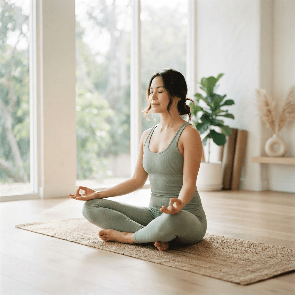 Mujer en una postura de yoga en un estudio luminoso